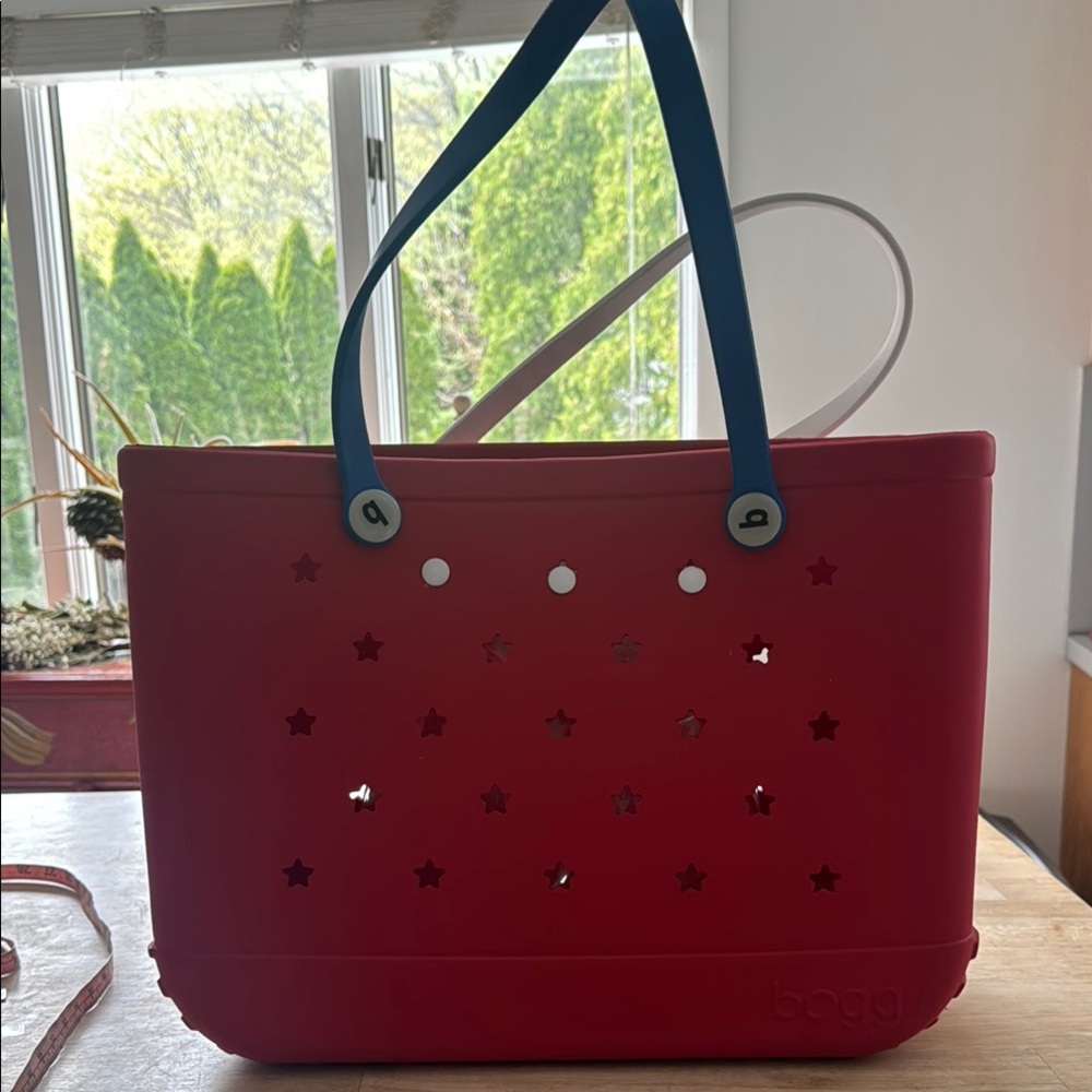 BOGG Red rubber Tote Bag with Blue and White Handle